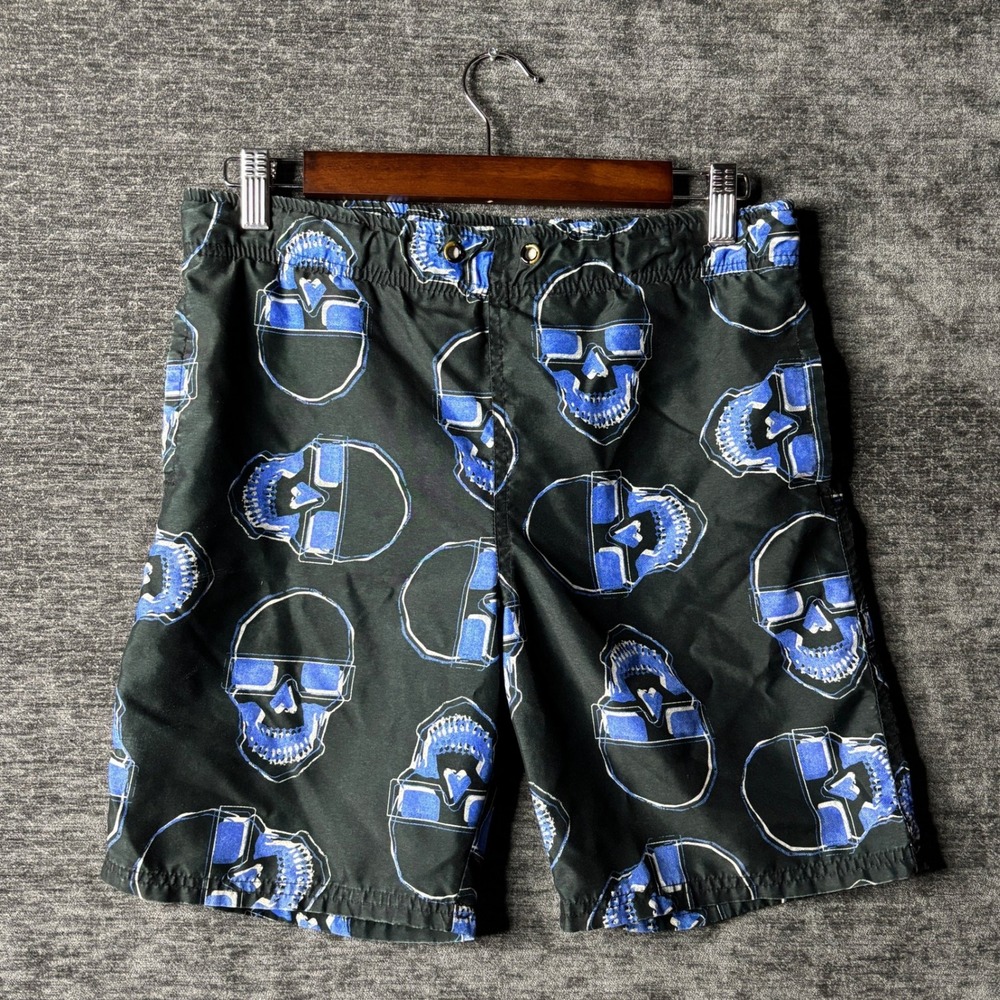 Skull Graphic Print Swim Trunks Cherokee Men Blue and Black Size Medium Vacation